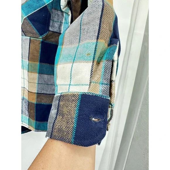 Vintage Private Property‎ Flannel Shirt Mens  M Blue Green Plaid Button Up Thick - Picture 10 of 15